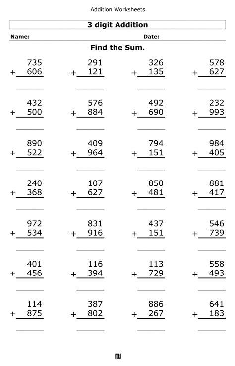 free three digit addition worksheets.